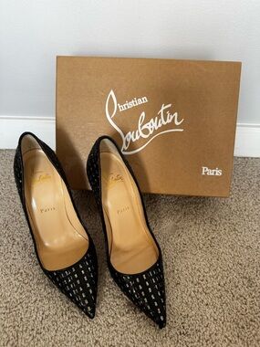 Christian Louboutin Black Studded Pointed-Toe Pumps. Like NEW